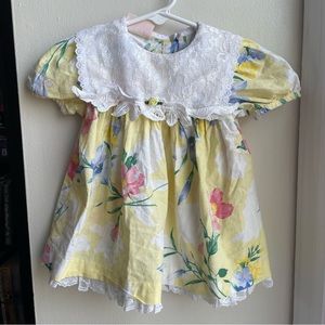 VINTAGE LITTLE PRECIOUS YELLOW SMOCKED LACE FLORAL GRAPHIC DRESS SIZE 12 MONTHS